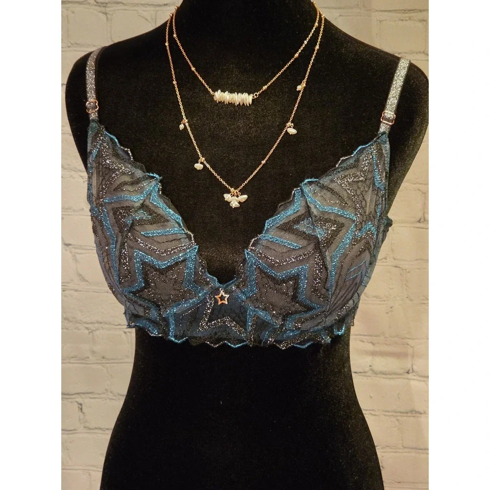 Savage X Fenty NWT 32C Unlined Lace Demi Bra Shining Star-Wildflower‎ Blue